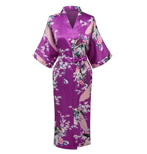 Vente en gros - Tout nouveau violet chinois femmes satin rayonne chemise de nuit imprimé kimono robe de bain demoiselle d'honneur robe de mariée S M L XL XXL XXXL A-104