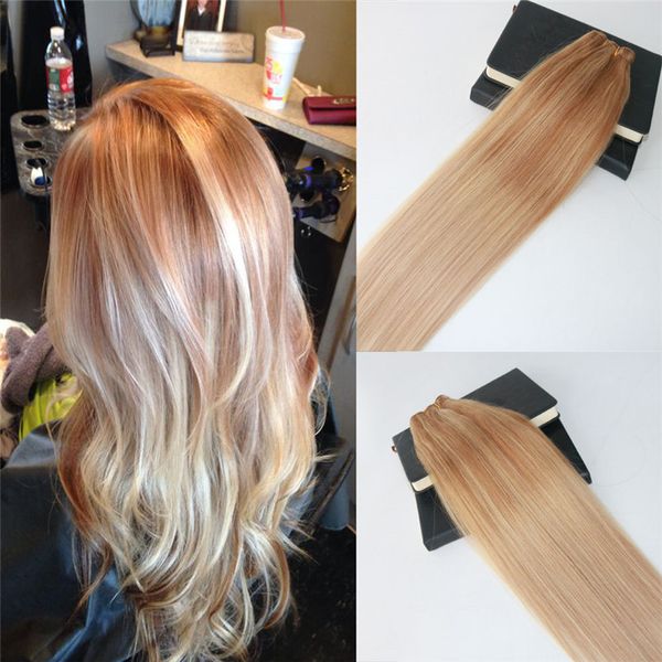 Venta al por mayor brasileña Omber trama del pelo humano # 613 Blonde Highlights Hair Weave Slik Straight 100% sin procesar Balayage Cabello paquetes Extensiones