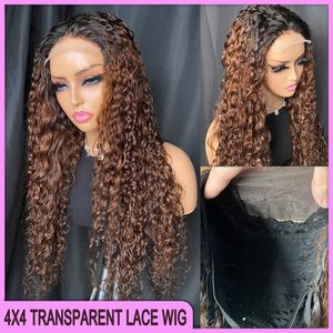 Brésilien brésilien péruvien 24 pouces Natural 100% Virgin Remy Human Hair 1B / brun Deep Wave 4x4 Transparent Lace Frontal Wig