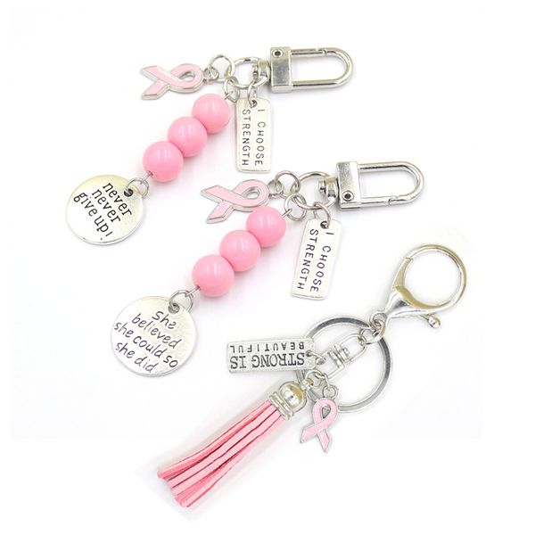 Porte-clés de sensibilisation au cancer du sein en gros Porte-clés Strong is Beautiful She Believed Never Give Up Charms Keychain Jewelry Gifts