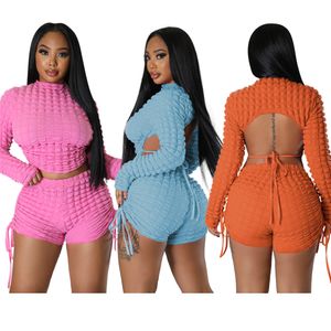 Vente en gros Bubble Outfit Femmes Deux Pièces Ensemble Survêtements Automne Vêtements À Manches Longues Dos Nu Chemise Et Shorts Casual Bandage Sportswear Solide Costumes De Sport 9086