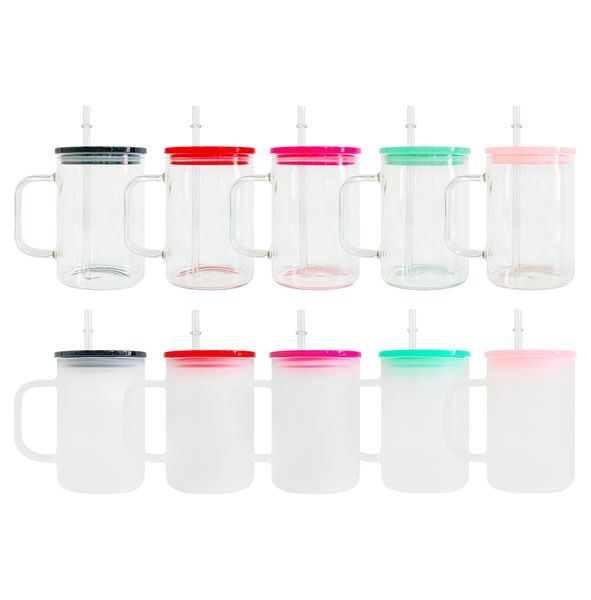 Almacén de EE. UU., venta al por mayor, sublimación en blanco a granel de 17 oz, adecuada para tazas de café de vidrio de borosilicato con alto contenido de vidrio transparente y esmerilado de vinilo, con tapa de plástico PP y pajita.