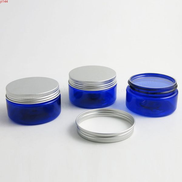 Pot cosmétique en plastique moyen bleu cobalt, emballage avec joint en aluminium argenté, bonne qualité, vente en gros, 20x 100g