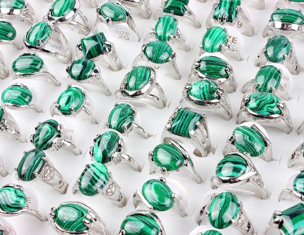 En gros en vrac 36 pièces anneaux bande mélange Style vert Malachite pierre gemme Tibet argent plaqué bague femmes hommes mariage