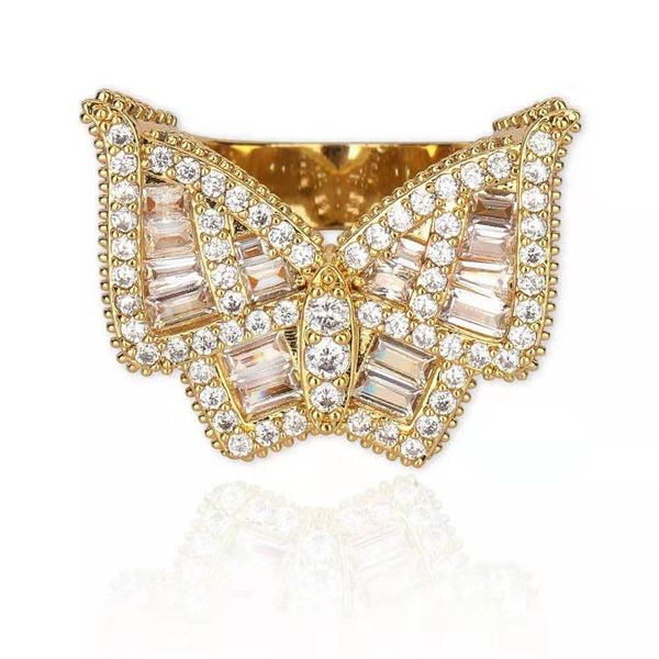 Anillos de racimo de mariposas al por mayor para hombres, diseñador de lujo, anillo de arco de diamantes bling, joyería de declaración chapada en oro de 18 quilates, regalos bf, 5 tamaños