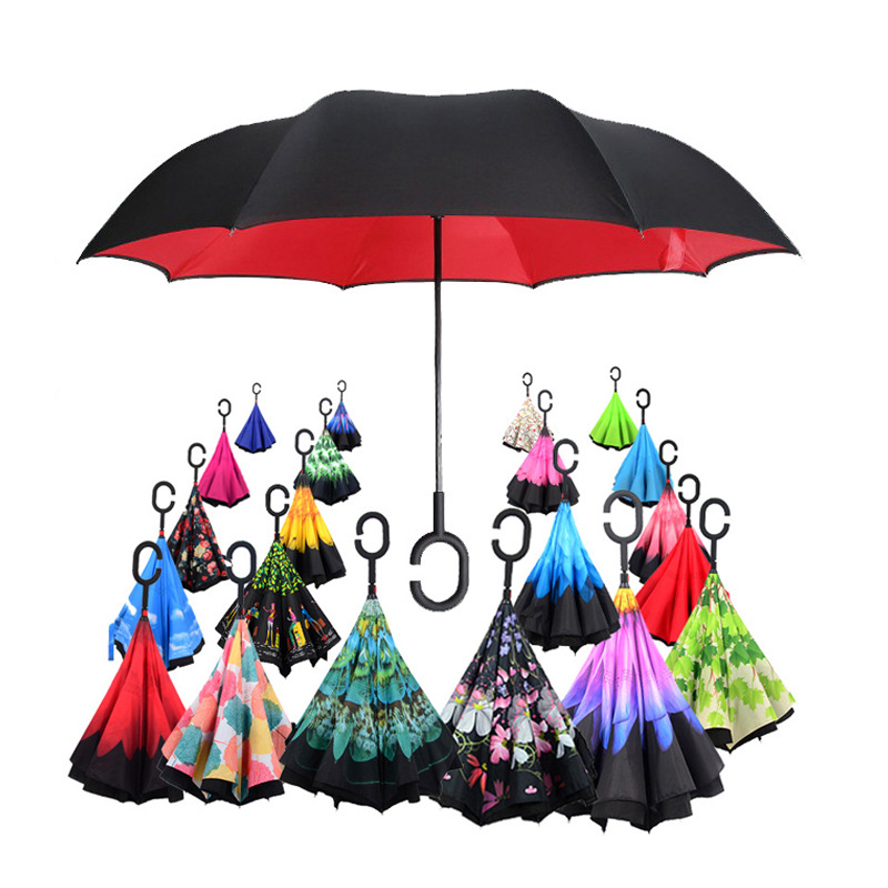 Partihandel c-hand vindtät omvänd vikning av dubbel lager inverterat paraply inifrån och ut självstativ vindtät paraply reklam gåva paraply