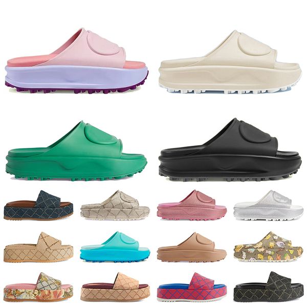 Venta al por mayor Sandalias de lona Famoso Diseñador Mujer Plataforma Slide Back Verde Rosa Beige Marrón Diapositivas Mujer Zapatillas Goma Deslizadores planos Sandale Mocasines Zapatos de playa