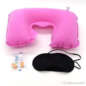 Venta al por mayor de almohada suave para coche 3 en 1, juego de viaje, almohada inflable para el cuello en forma de U, cojín de aire + máscara para dormir, visera + tapones para los oídos XDH0660