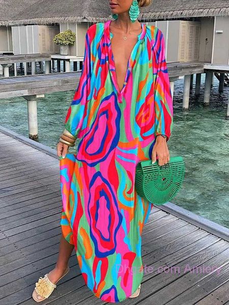 Robes décontractées en gros Femmes Vintage Maxi Robes de créateurs Été Sexy Deep VNeck À Manches Longues Boho Imprimer Robe Femme Plage Cover Up Robe Élégante Vêtements Jupe