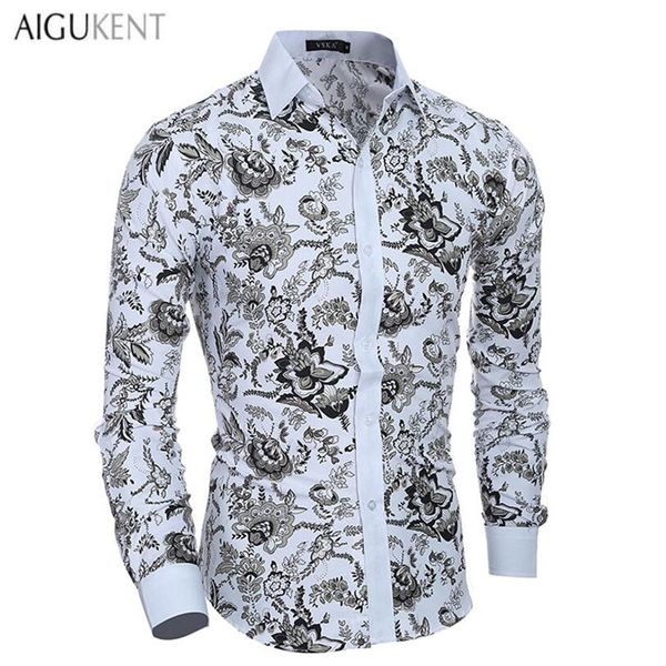 Vente en gros- Casual Hommes Chemises Hommes Manches Longues Slim Fit Classique Nom de Famille Imprimer Chemise Homme Marques AIGU KENT Turn-Down Col Camisas