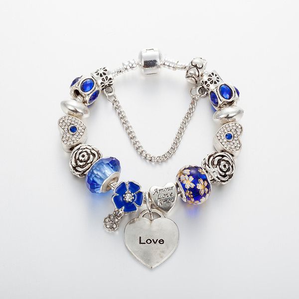 Gros-Bracelets à breloques Bracelet en argent plaqué pour femmes Bracelet coeur bleu chamilia Perles breloques de fleurs Bijoux à bricoler soi-même comme cadeau