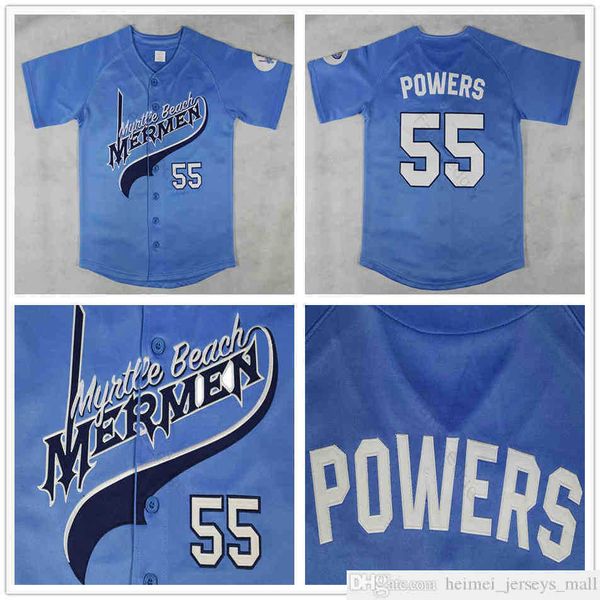 Venta al por mayor Barato Mens Myrtle Beach Mermen # 55 Kenny Powers Jerseys de béisbol Azul Kenny Powers Jersey cosido Camisa S-3XL