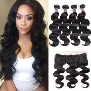 Indian Menselijk Haar Body Wave Losse Diepe Peruaanse Menselijke Haarbundels met Sluiting Braziliaanse Water Wave Haar Weeft 4pcs met 13 * 2.5 Frontaal