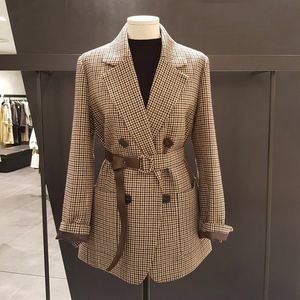Wholesale-Chic Plaid Blazers Women Office Lady Notched Long Sleeve Double breasted Jackets with Belt Outwear blazers bleiser feminino
