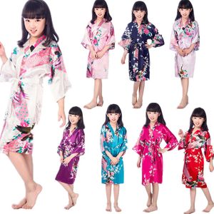 Batas de Kimono de satén para niños al por mayor para niñas, ropa de dormir Floral para niños, bata de flores de pavo real para Spa, boda, cumpleaños, camisón 220721