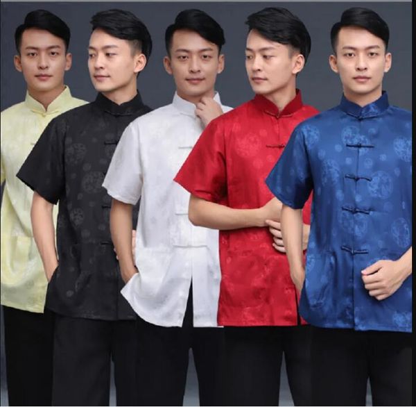 Venta al por mayor, camisa de manga corta de satén de alta calidad para hombres de estilo chino, ropa bordada de dragón Tang, camisetas informales de Kung Fu