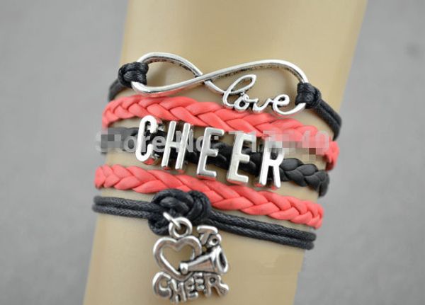 Großhandel - Wählen Sie Infinity Cheer Charm Fashion Speaker Cheerleaders Armband Freundschaftslederarmbänder für Geschenk-Zoll-Sportarten