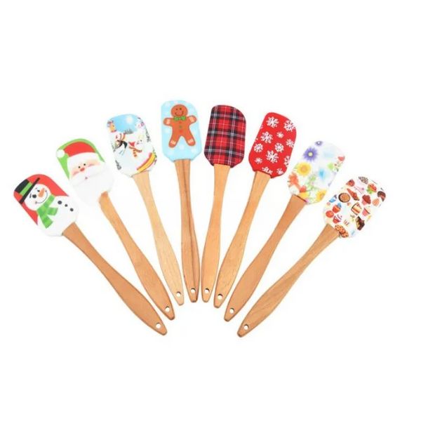 En gros De Noël Gâteau Outils Manche En Bois Cuisine Fondant Crème Spatule Silicone Beurre Grattoir Cuisine Cuisson Outil Top Qualité