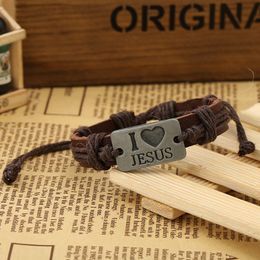 Gros-Noël j'aime jésus fait à la main unisexe femmes bracelet en cuir tressé Tribal Bangle église cadeaux Cros