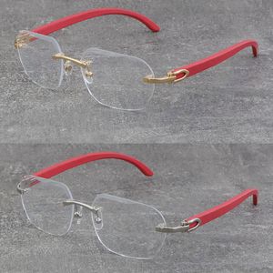 Vente en gros Styles classiques Cadres en métal sans monture Homme Femme Optique Luxe Nouvelles lunettes en bois rouge Cadre en or 18 carats 3524012 Lunettes en bois Coupe diamant Lunettes Taille: 58