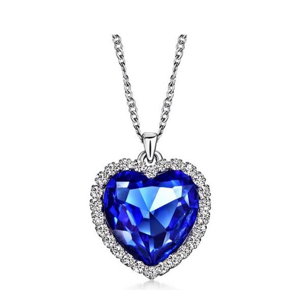 Gros-Classique Zircon Titanic Océan Coeur Collier Saphir Bleu Foncé Cristal Coeur Pendentif Déclaration Chaîne Collier Femme Bijoux N54