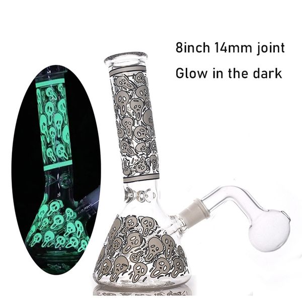 Gros Classics Verre Beaker Bong avec Ice Catcher Glow In The Dark Pipes à eau 8inch 14mm Heady Glass Hookah Shisha Pipes à eau avec pot d'huile Downtstem