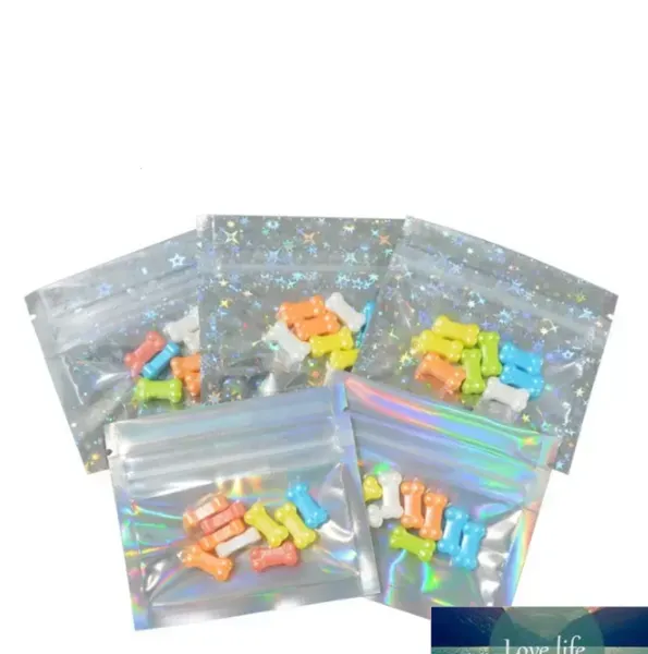 Venta al por mayor Clear Mini Zip Lock Bolsas de embalaje holográficas de Mylar 100 unids Muestra colorida del arco iris Bolsas de embalaje de energía Bolsa de almacenamiento de píldoras 7.5 * 6.5 cm