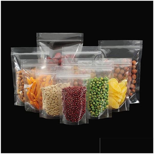 Venta al por mayor Clear Stand Up Bolsas de embalaje de plástico A prueba de olores transparentes para hierbas secas Snack Food Grano de café Frutos secos Kernels Chris Dhgzn