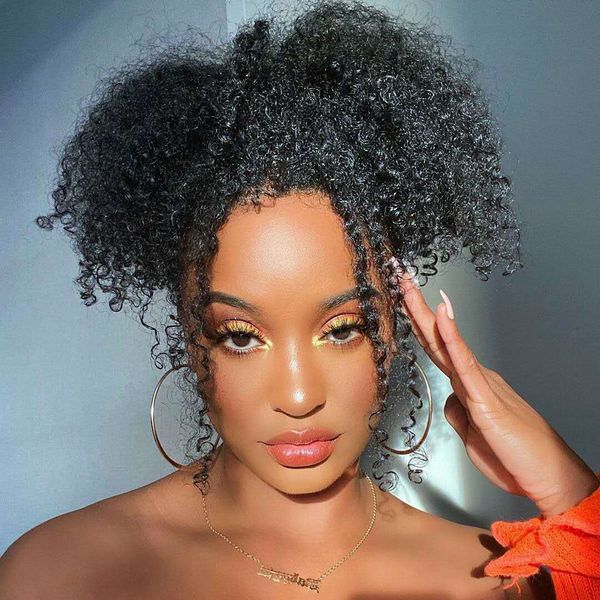 Vente en gros Coily Culry Ponytails Pièce de cheveux pour les femmes noires, Afro Kink Curly Indian 100% Real Hair Cordon Queues de cheval 140g