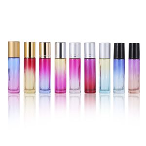 Bouteille à rouleau de couleur 10ml, 768 pièces/lot, huile essentielle épaisse multicolore avec perles de verre et capuchon en argent mat, vente en gros