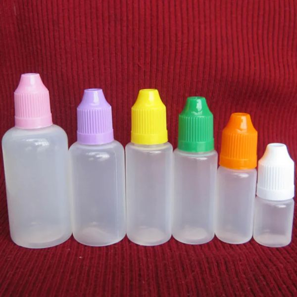 Colorido al por mayor 5 ml 10ml 15ml 20ml 30ml 50 ml de botellas de plástico vacías con tapas de botella a prueba de niños y puntas de aguja DHL gratis