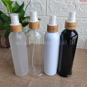 Cosméticos al por mayor de cuatro colores 250ml botellas de plástico transparentes/ámbar/esmerilado con tapa de madera de bambú spray/loción/bomba capgoods Vogto