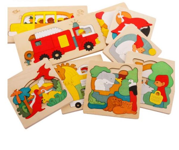 En gros Creative Diy Multicouche Enfants Assemblage Jigsaw Puzzle Education Outils D'apprentissage En Bois 3d Puzzles Jouets Bébé Enfants Bande Dessinée