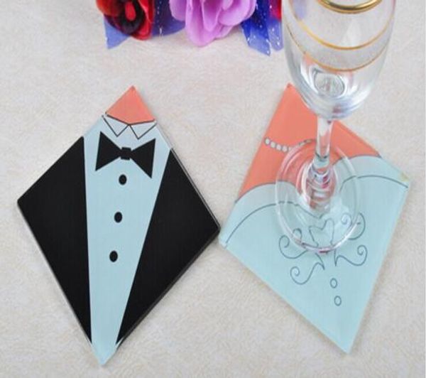 Cadeaux de mariage créatifs en gros robe de mariée et de marié sous-verres en verre faveurs de mariage