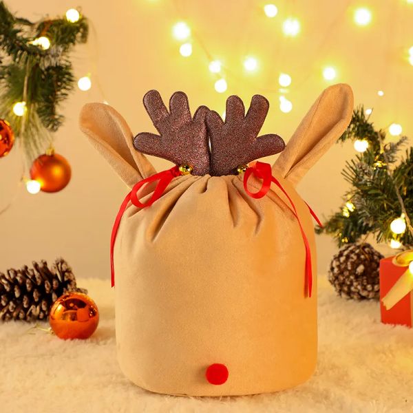 Bolsa de regalo de Navidad con asta de saco de Santa con cordón de terciopelo de reno lindo personalizado al por mayor FY5807 0904