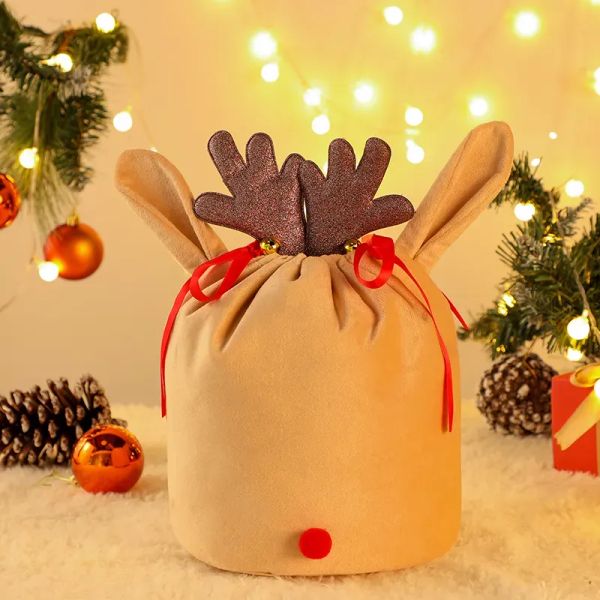 Gros personnalisé mignon renne velours cordon Santa sac bois cadeaux de noël sac FY5807