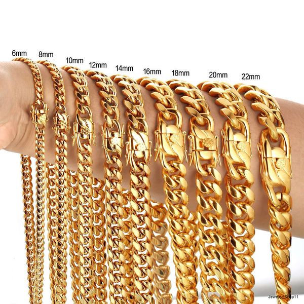 Venta al por mayor, collar de cadena chapado en oro de 18k de acero inoxidable Miami para hombre con eslabones cubanos de Hip Hop de alta calidad, cadena de eslabones cubanos