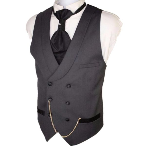 Venta al por mayor- Chalecos de traje de hombre gris oscuro por encargo Chaleco formal ajustado para hombre Chaleco de fiesta de boda cruzado