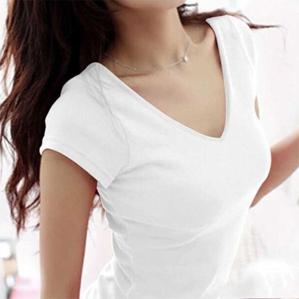 Commerce de gros impression personnalisée coton broderie plaine col en V avec conception pour les femmes T-shirt