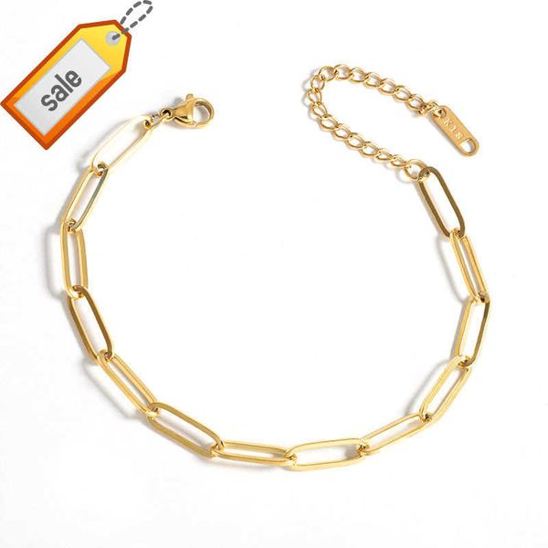 En gros Personnalisé PVD 18K Plaqué Or En Acier Inoxydable Plat Trombone Trombone Lien Chaîne Bracelet pour les Femmes