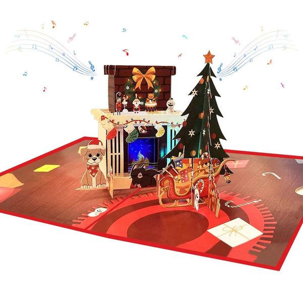 Sound personnalisé en gros Musique enregistrable 3D pop-up Luxury Christmas LED Light Greeting Gift Paper Cards 240323