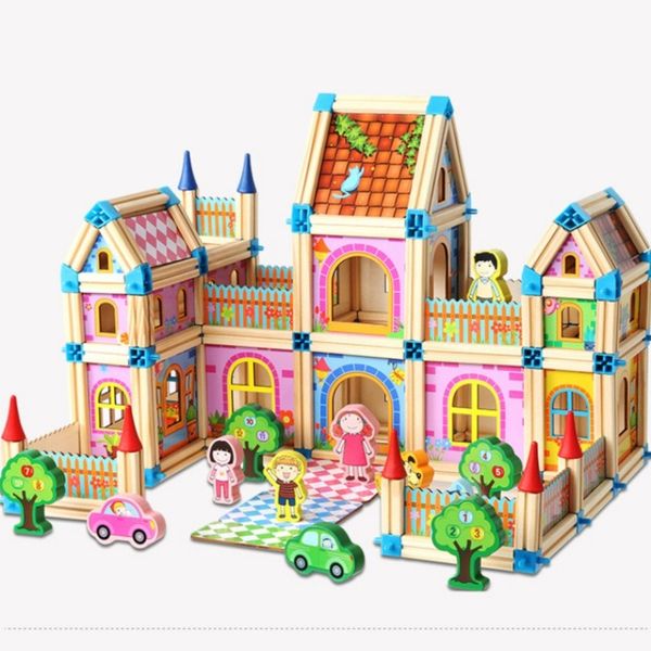 Venta al por mayor Kit de modelo de construcción de bloques de juguete de madera personalizado Ladrillo y madera 9060 Modelo de castillo Construcción de juguetes de madera Juguetes interactivos para niños Tamaño de madera de ladrillo 46