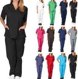 Groothandel aangepaste Womens Sets Top Verpleegster Uniform Nieuwe Solid Color Pocket V-hals Nursing Work Y1028