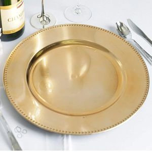 Décor en gros Assiettes de chargeur en perles en plastique doré 13 pouces rondes de décoration de fête de mariage assiettes de chargeur chargeurs de dîner décor de table imake787