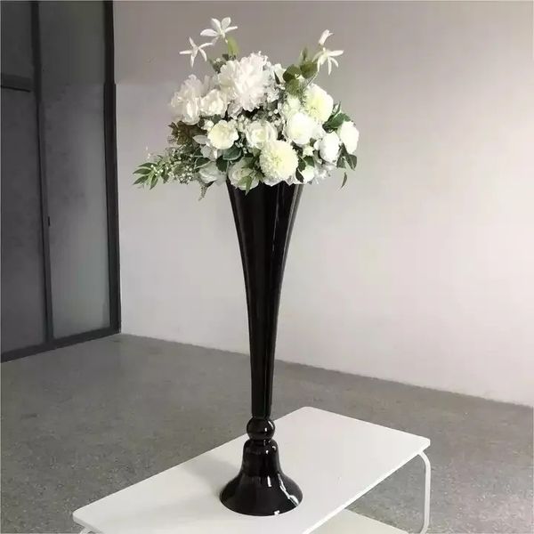 Jarrones de trompeta de metal negro alto para decoración al por mayor, jarrón con tallo para mesa de boda, soporte de flores, centro de mesa imake791