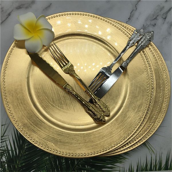 Décoration en gros Dîner en gros 13 pouces en plastique doré assiettes de chargeur perlées Elegent Pearl plat Salade décorative Mariage Noël salver imake785