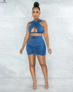 Gros Denim Femmes Ensemble Solid SleevelCut Out Crop Tops Shirring Mini Jupes Deux 2 Pièces Ensembles Sexy Clubwear Tenues D'été X0709