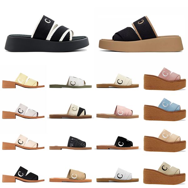 Venta al por mayor Sandalias de diseñador famosas para mujer Suave Beige Marrón Zapatillas de verano Planas Cuadradas Diapositivas Woody Lujo Lienzo Bordado Blanco Negro Rosa Plataforma Sandalia