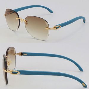 Vente en gros Diamond Cut 3524012 Lunettes de soleil sans monture en métal Cadre en bois bleu Mode Lunettes de soleil de haute qualité Hommes Design en bois Modèle classique Cadres de lentilles UV400 en or 18 carats