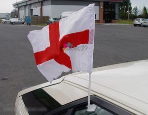 Bandera de coche de sublimación en blanco de 14X21CM personalizada de poliéster distintivo al por mayor para ventana con poste de plástico